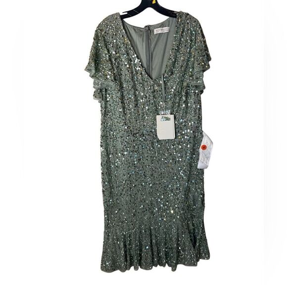 NWT MAC DUGGAL Butterfly Sleeve Tea length sequin dress Sage Size 18 - Picture 6 of 13